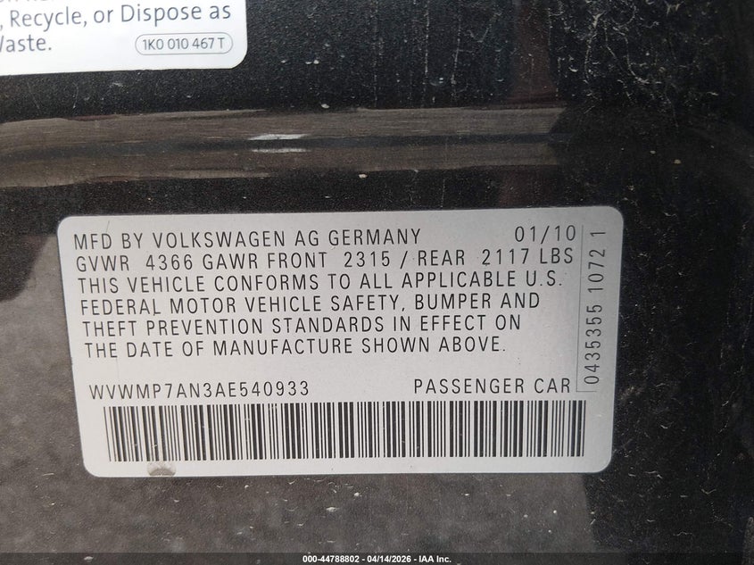 2010 Volkswagen Cc Sport VIN: WVWMP7AN3AE540933 Lot: 44788802