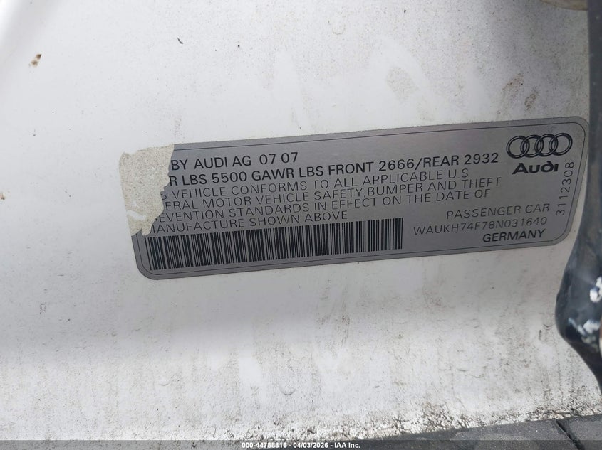 2008 Audi A6 3.2 Avant VIN: WAUKH74F78N031640 Lot: 44788816