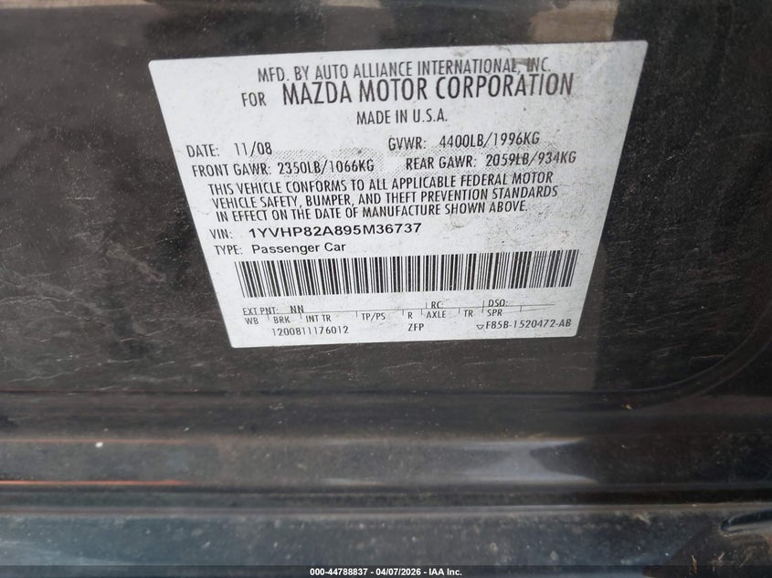 2009 Mazda Mazda6 I Touring VIN: 1YVHP82A895M36737 Lot: 44788837