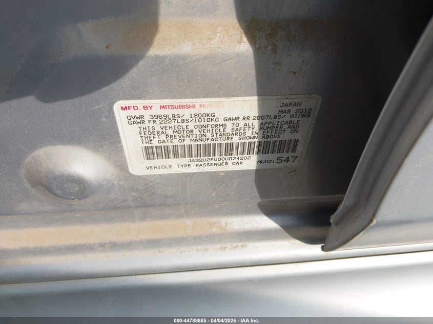 2012 Mitsubishi Lancer Es VIN: JA32U2FU0CU024202 Lot: 44788885