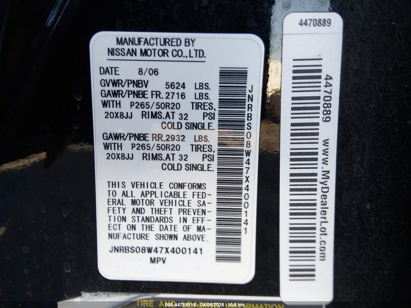 2007 Infiniti Fx45 VIN: JNRBS08W47X400141 Lot: 44788916