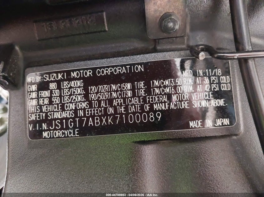 2019 Suzuki Gsx-S1000 A/Z VIN: JS1GT7ABXK7100089 Lot: 44788983