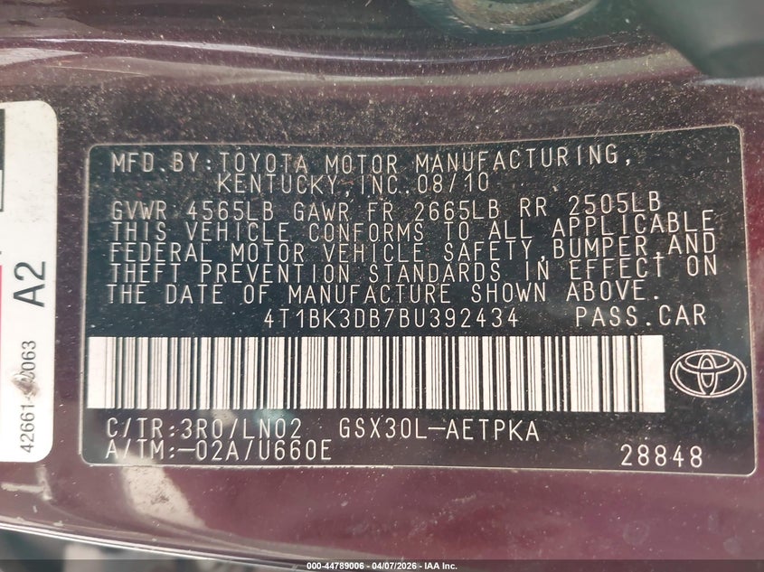 2011 Toyota Avalon Limited VIN: 4T1BK3DB7BU392434 Lot: 44789006