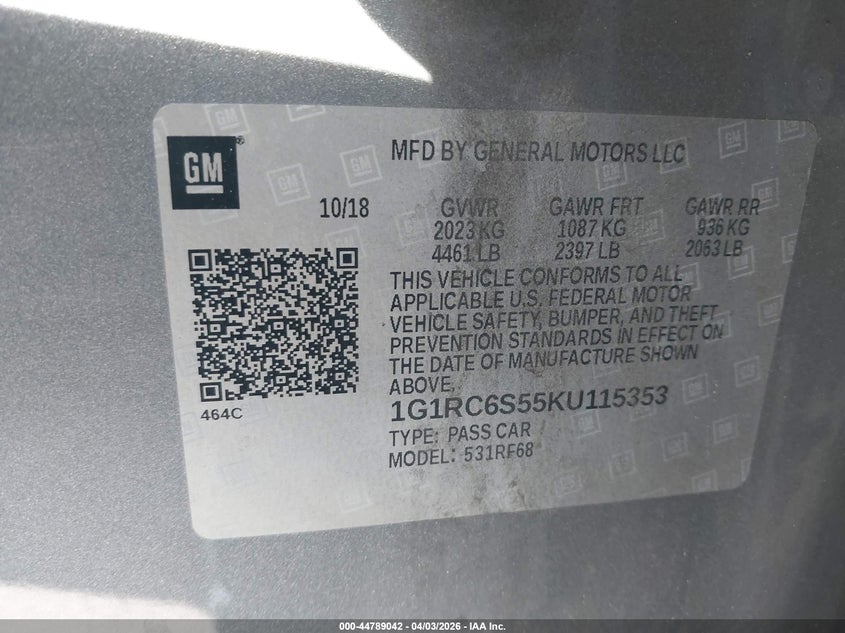 2019 Chevrolet Volt Lt VIN: 1G1RC6S55KU115353 Lot: 44789042