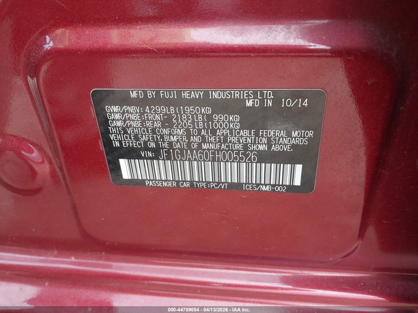 2015 Subaru Impreza 2.0I VIN: JF1GJAA60FH005526 Lot: 44789054