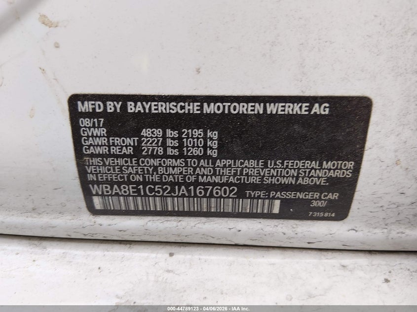 VIN WBA8E1C52JA167602 2018 BMW 330E IPERFORMANCE