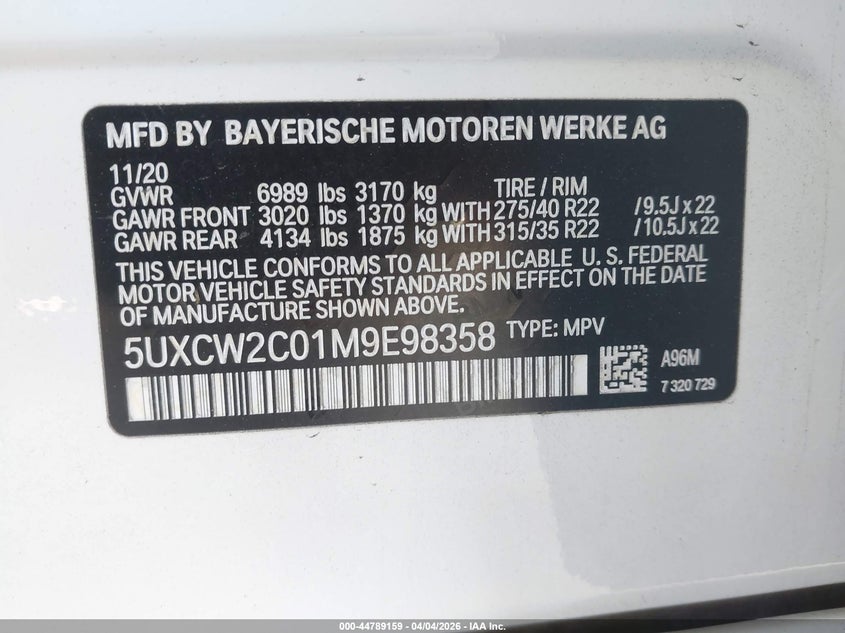 2021 BMW X7 xDrive40I VIN: 5UXCW2C01M9E98358 Lot: 44789159