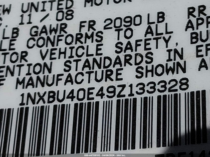 2009 Toyota Corolla Le VIN: 1NXBU40E49Z133328 Lot: 44789183