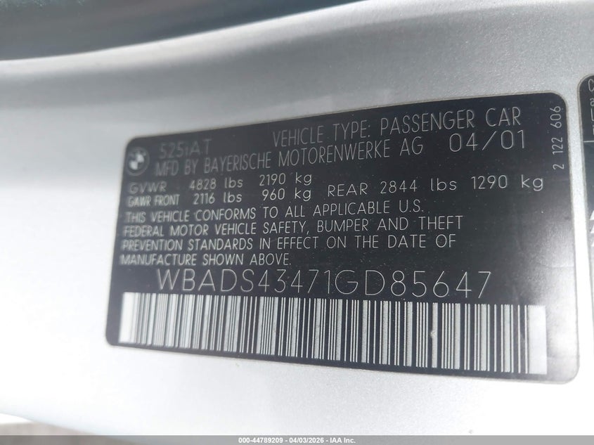 2001 BMW 525Ia VIN: WBADS43471GD85647 Lot: 44789209