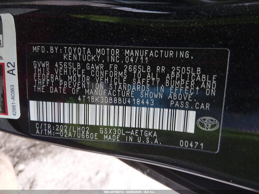 2011 Toyota Avalon VIN: 4T1BK3DB8BU418443 Lot: 44789212