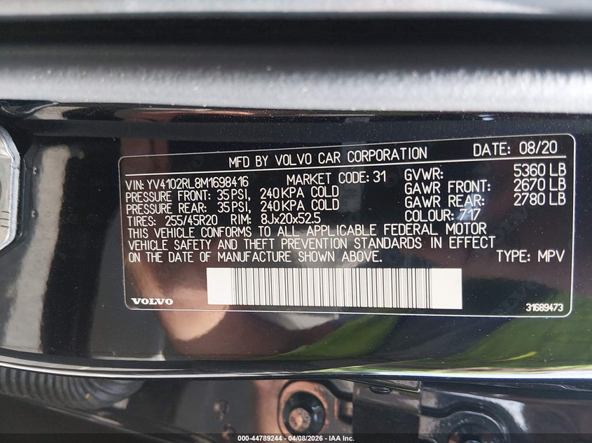 2021 Volvo Xc60 T5 Inscription VIN: YV4102RL8M1698416 Lot: 44789244