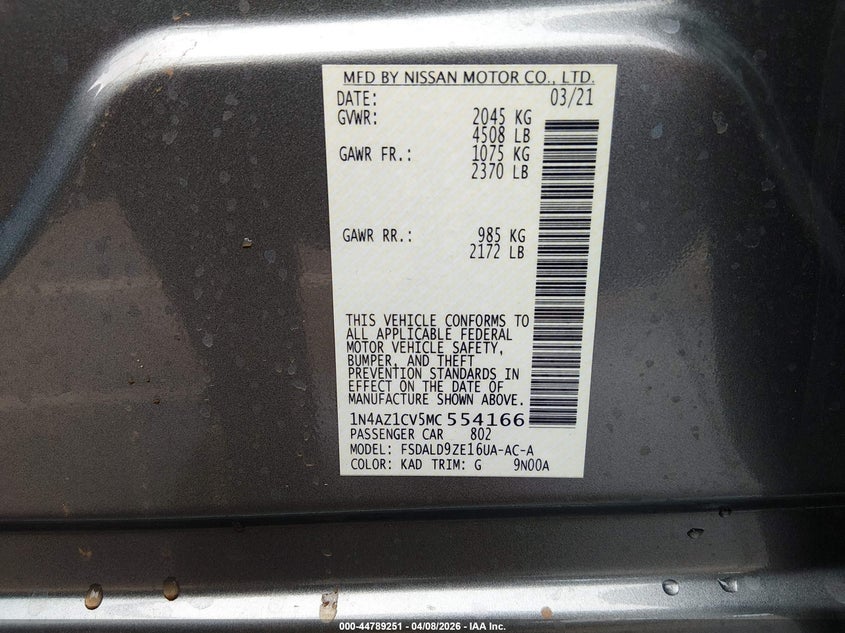 2021 Nissan Leaf Sv 40 Kwh VIN: 1N4AZ1CV5MC554166 Lot: 44789251