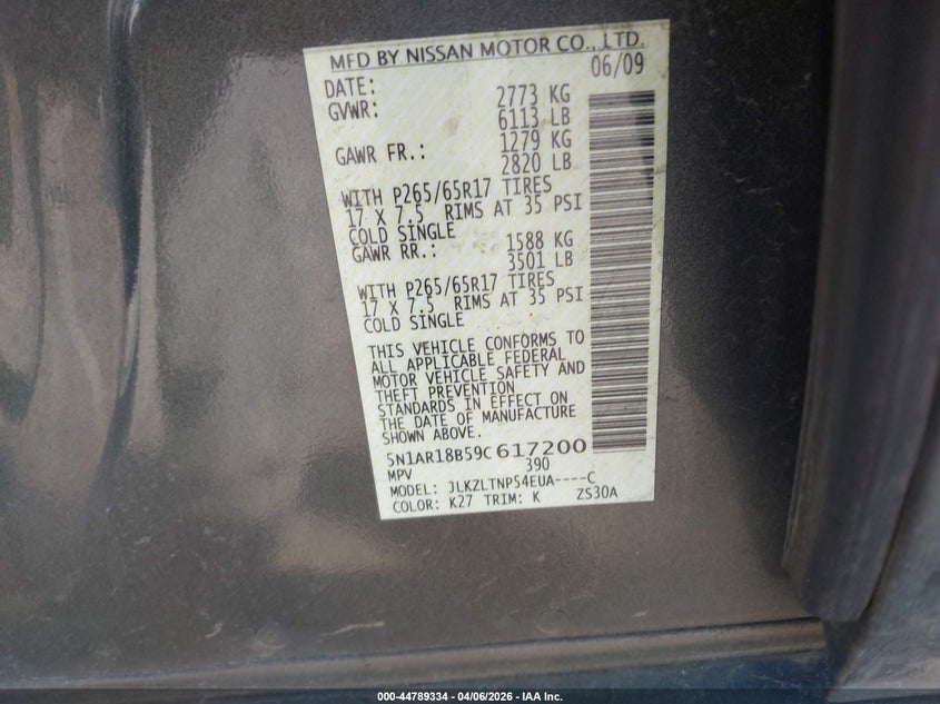 2009 Nissan Pathfinder Se VIN: 5N1AR18B59C617200 Lot: 44789334