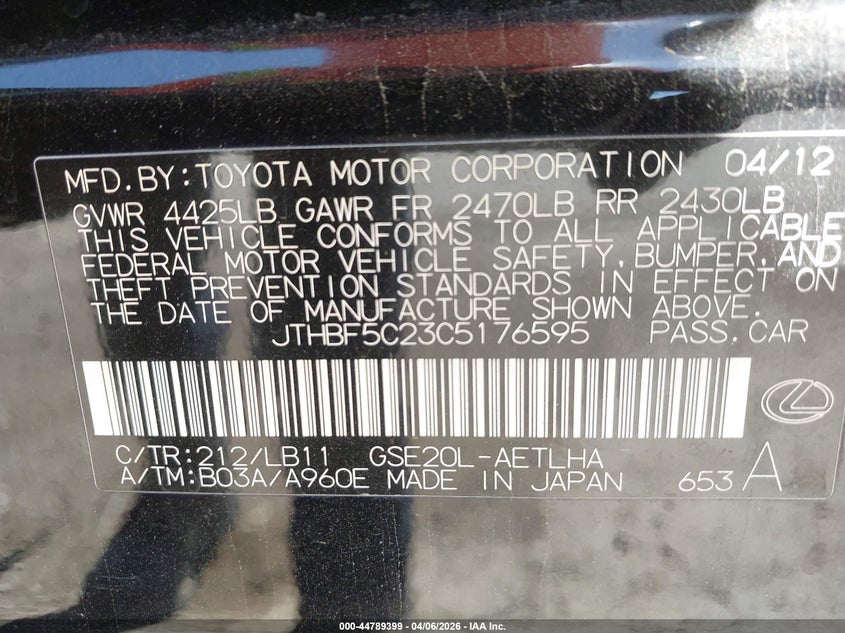 2012 Lexus Is 250 VIN: JTHBF5C23C5176595 Lot: 44789399