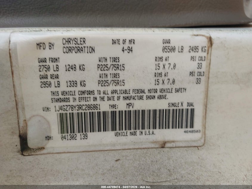 1994 Jeep Grand Cherokee Limited VIN: 1J4GZ78Y3RC286861 Lot: 44789474