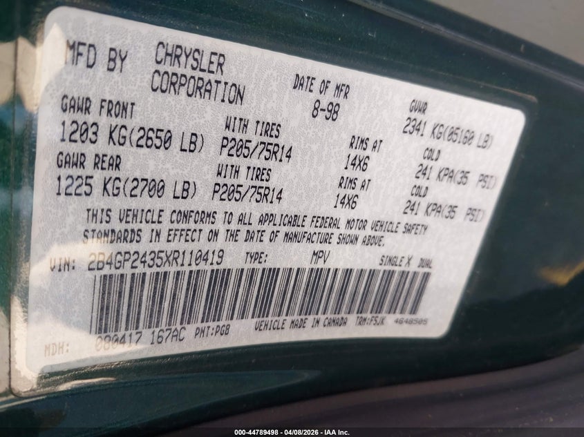 1999 Dodge Grand Caravan VIN: 2B4GP2435XR110419 Lot: 44789498