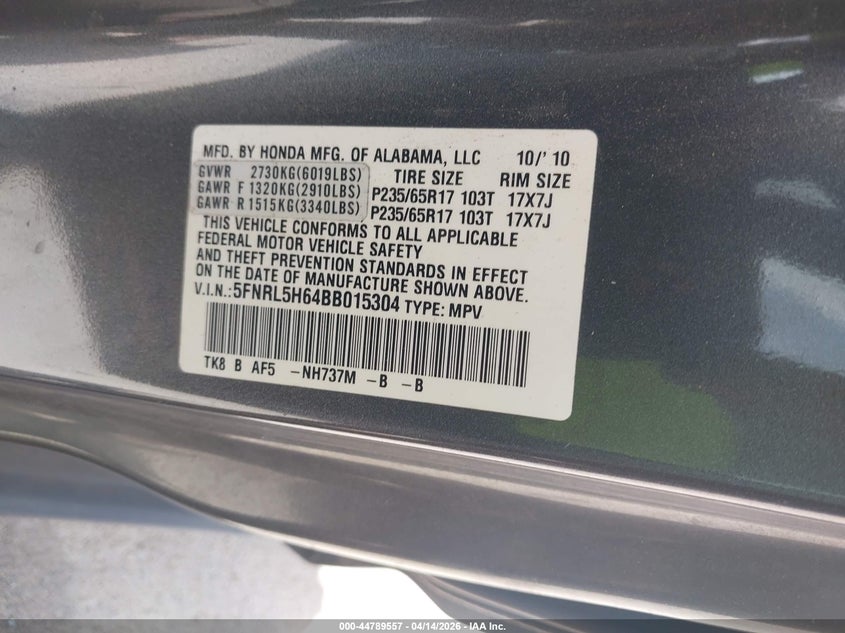 2011 Honda Odyssey Ex-L VIN: 5FNRL5H64BB015304 Lot: 44789557