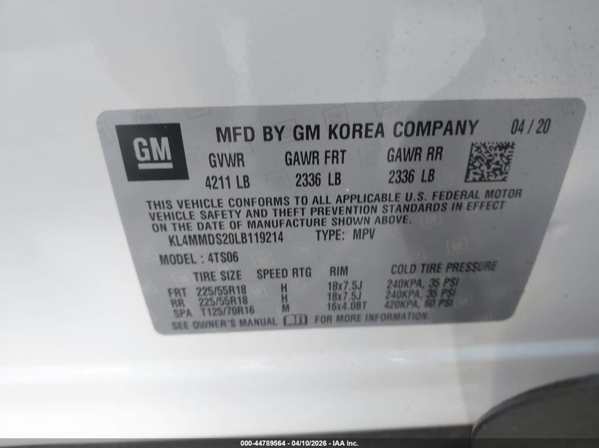 2020 Buick Encore Gx Fwd Select VIN: KL4MMDS20LB119214 Lot: 44789564