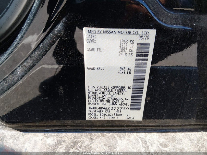 VIN 1N4BL4BV6LC277759 2020 NISSAN ALTIMA S FWD