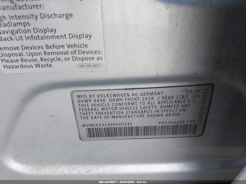 2006 Volkswagen Passat 2.0T VIN: WVWEK93CX6P060345 Lot: 44789677