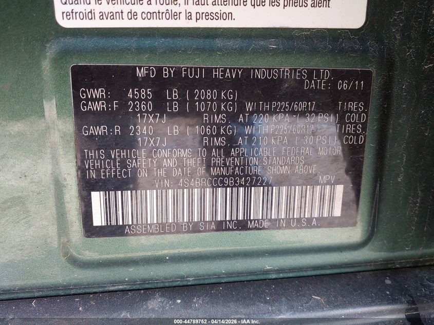 2011 SUBARU OUTBACK SPORT UTILITY VEHICLE 2.5L H-4 VVT, 170HP