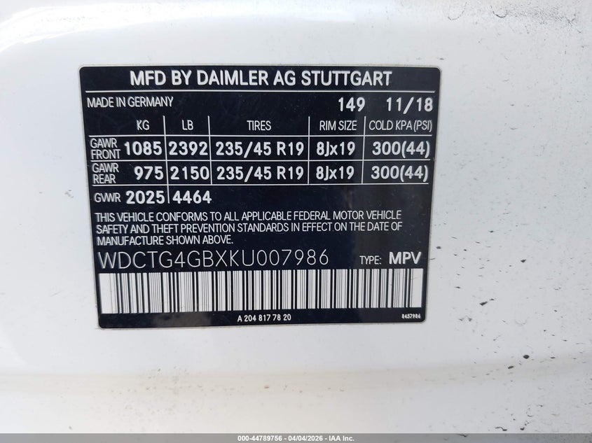 2019 Mercedes-Benz Gla 250 4Matic VIN: WDCTG4GBXKU007986 Lot: 44789756