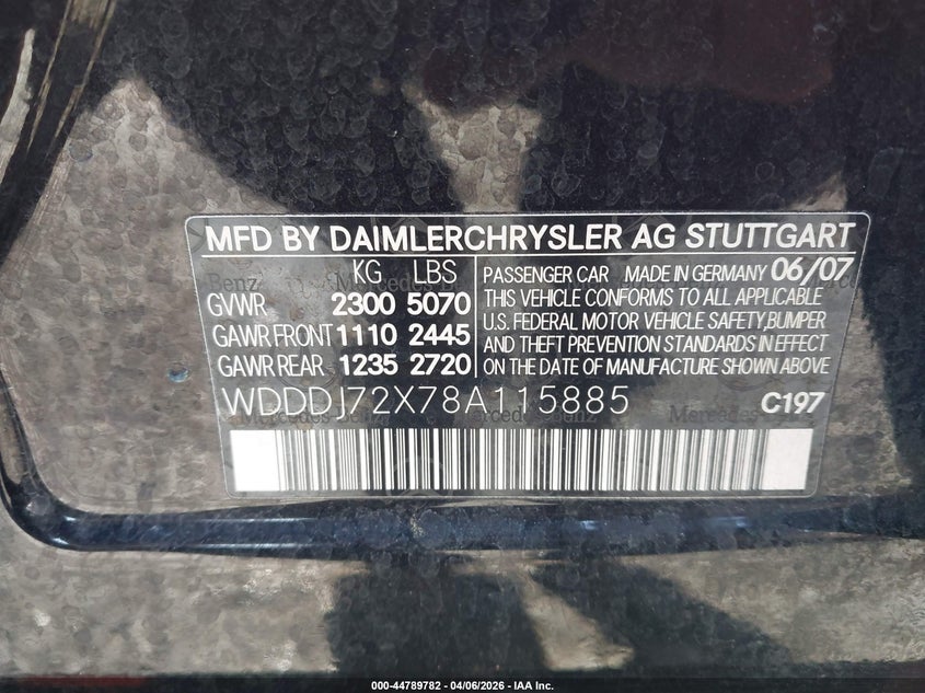 2008 Mercedes-Benz Cls 550 VIN: WDDDJ72X78A115885 Lot: 44789782