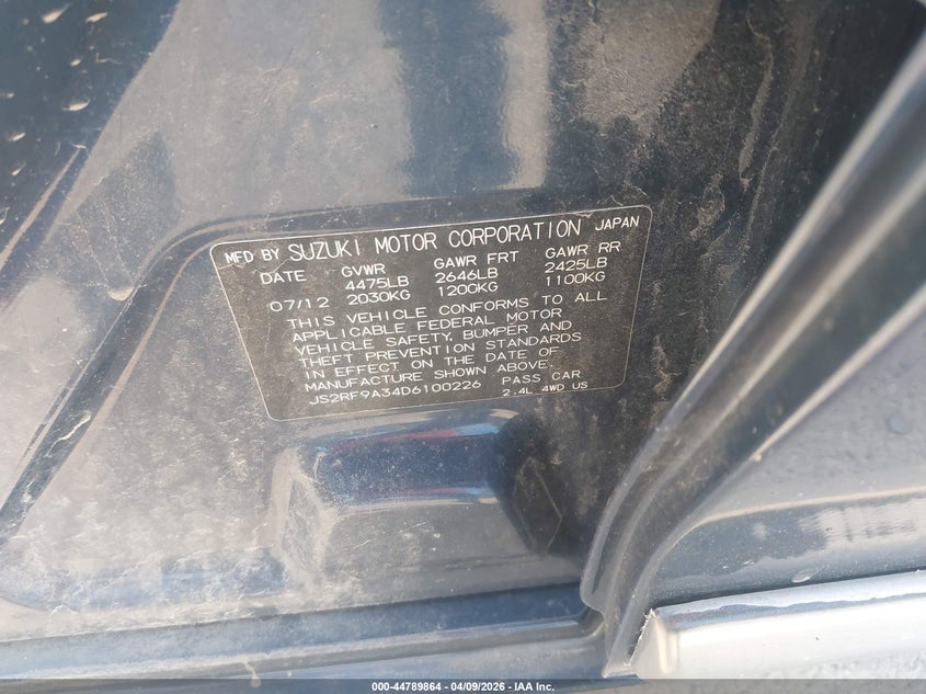 2013 Suzuki Kizashi Se VIN: JS2RF9A34D6100226 Lot: 44789864