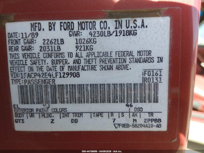 1990 Ford Mustang Gt/Cobra Gt VIN: 1FACP42E4LF129908 Lot: 44789896