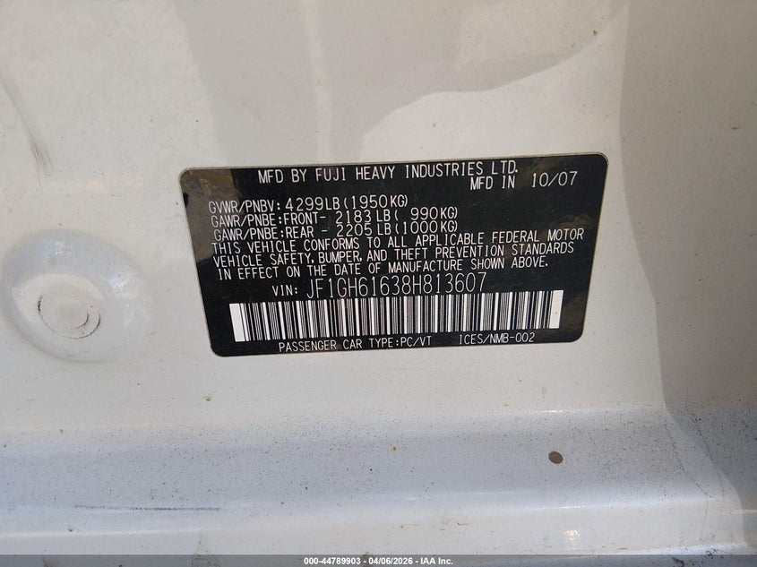 2008 Subaru Impreza 2.5I VIN: JF1GH61638H813607 Lot: 44789903