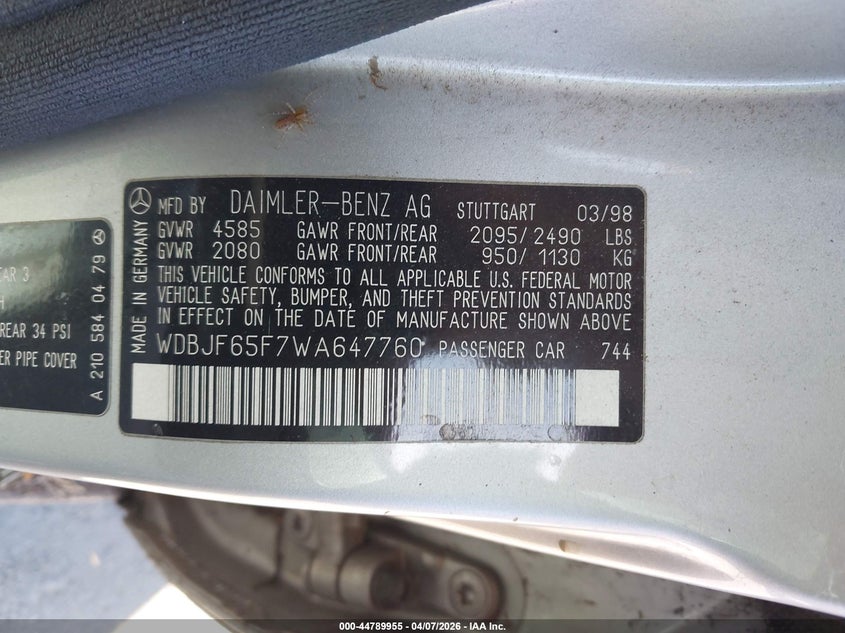 1998 Mercedes-Benz E 320 VIN: WDBJF65F7WA647760 Lot: 44789955