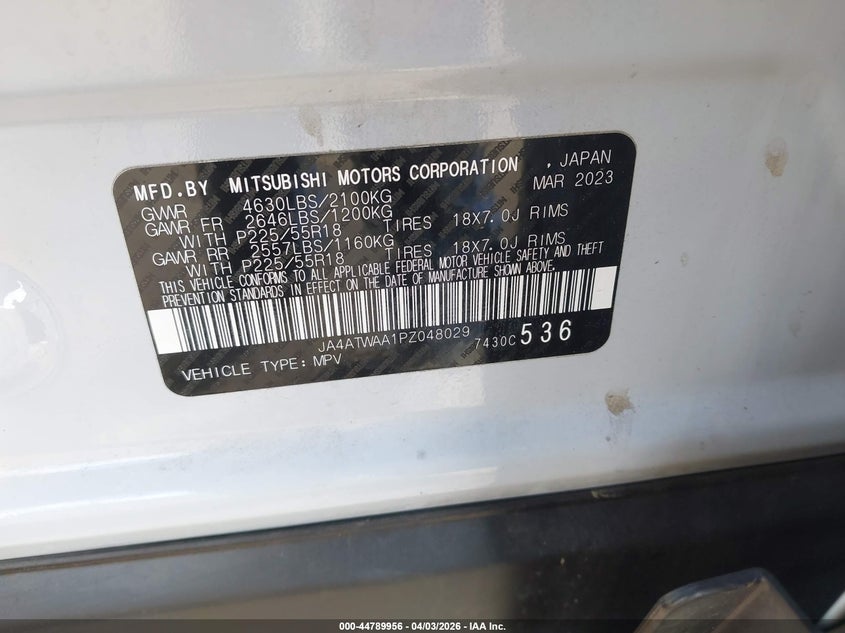 2023 Mitsubishi Eclipse Cross Se S-Awc VIN: JA4ATWAA1PZ048029 Lot: 44789956