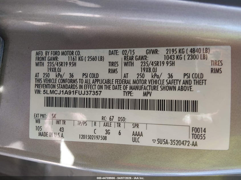 2015 Lincoln Mkc VIN: 5LMCJ1A91FUJ37357 Lot: 44789986