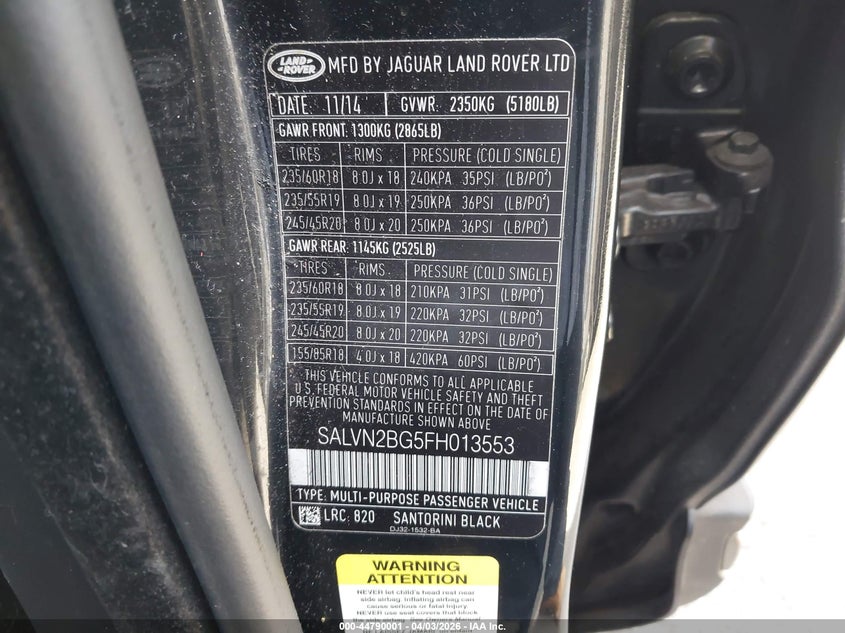 2015 Land Rover Range Rover Evoque Pure VIN: SALVN2BG5FH013553 Lot: 44790001