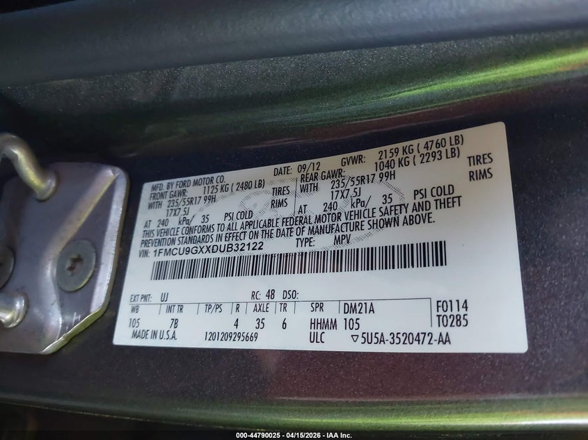 2013 Ford Escape 1.6 Se grey Lot 111044790025 Vin 1FMCU9GXXDUB32122