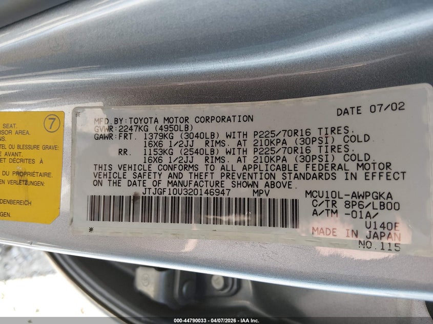 2002 Lexus Rx 300 VIN: JTJGF10U320146947 Lot: 44790033