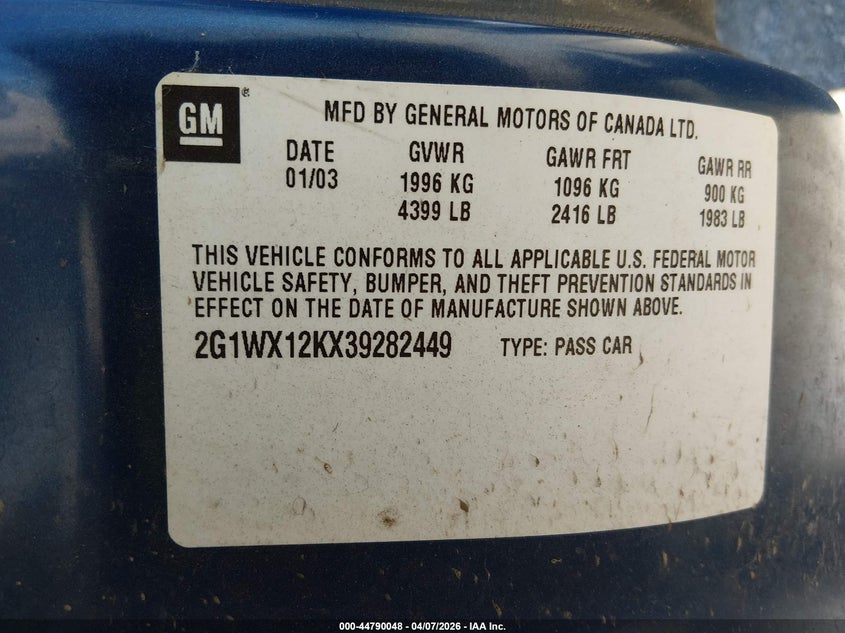 2003 Chevrolet Monte Carlo Ss VIN: 2G1WX12KX39282449 Lot: 44790048