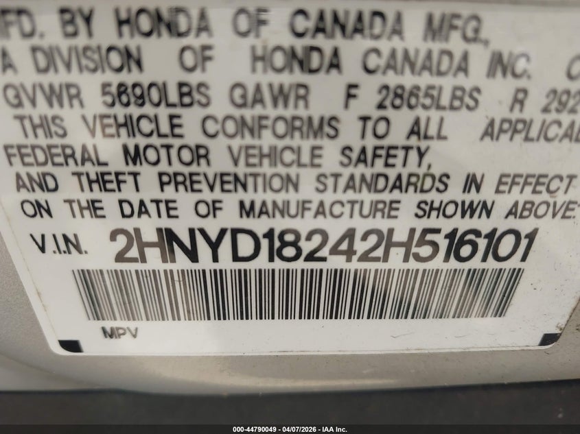 2002 Acura Mdx VIN: 2HNYD18242H516101 Lot: 44790049