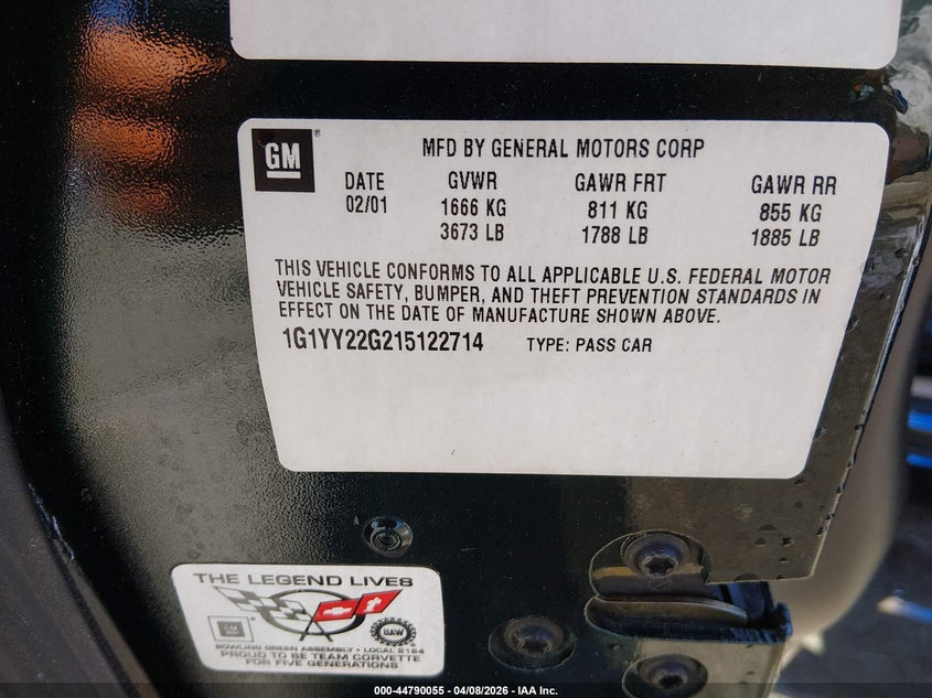 2001 Chevrolet Corvette VIN: 1G1YY22G215122714 Lot: 44790055