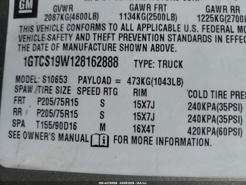 2002 GMC Sonoma Sls VIN: 1GTCS19W128162888 Lot: 44790056