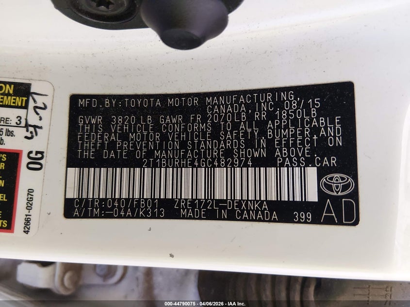 2016 Toyota Corolla 1.8 Le white Lot 111044790075 Vin 2T1BURHE4GC482974