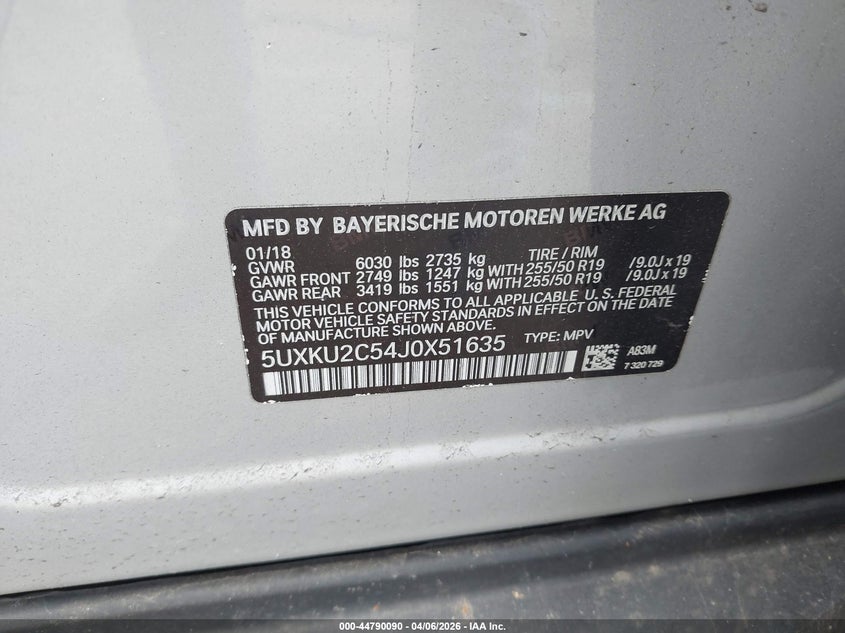 2018 BMW X6 xDrive35I VIN: 5UXKU2C54J0X51635 Lot: 44790090