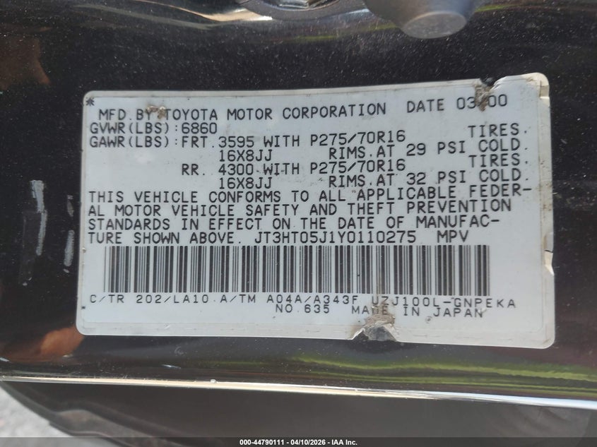 2000 Toyota Land Cruiser VIN: JT3HT05J1Y0110275 Lot: 44790111