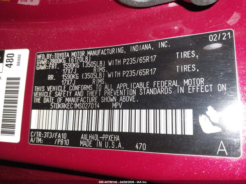 2021 Toyota Sienna Le VIN: 5TDKRKEC1MS027014 Lot: 44790140