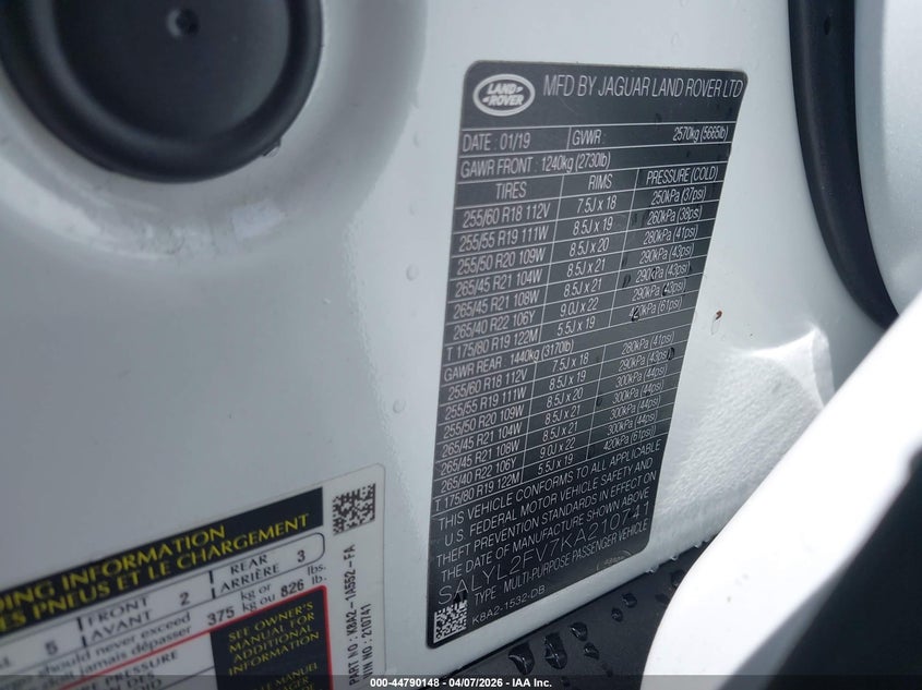2019 Land Rover Range Rover Velar P340 R-Dynamic Se/P380 R-Dynamic Se VIN: SALYL2FV7KA210741 Lot: 44790148