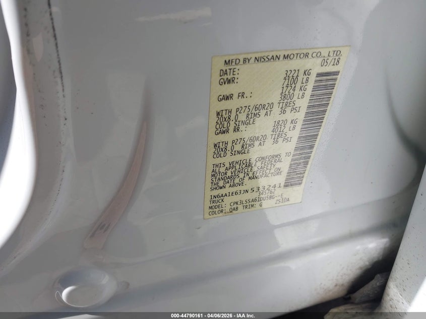 2018 Nissan Titan Sv VIN: 1N6AA1E63JN533241 Lot: 44790161