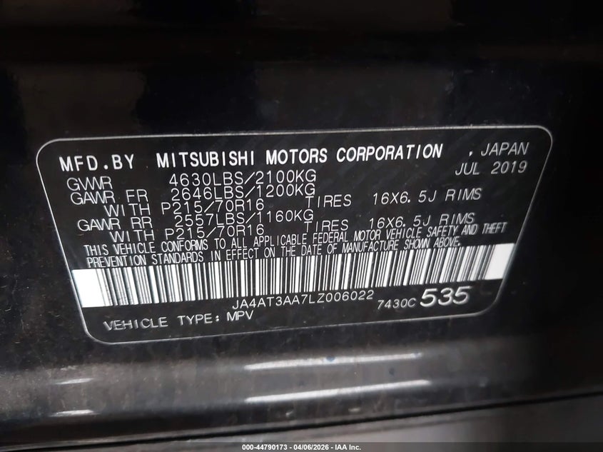 2020 Mitsubishi Eclipse Cross Es 1.5T Awc VIN: JA4AT3AA7LZ006022 Lot: 44790173