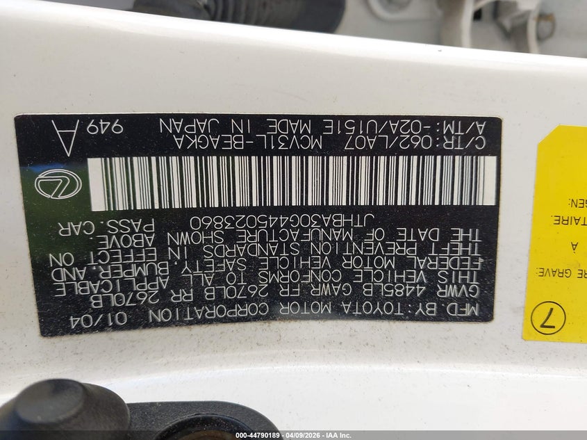 2004 Lexus Es 330 VIN: JTHBA30G445023860 Lot: 44790189