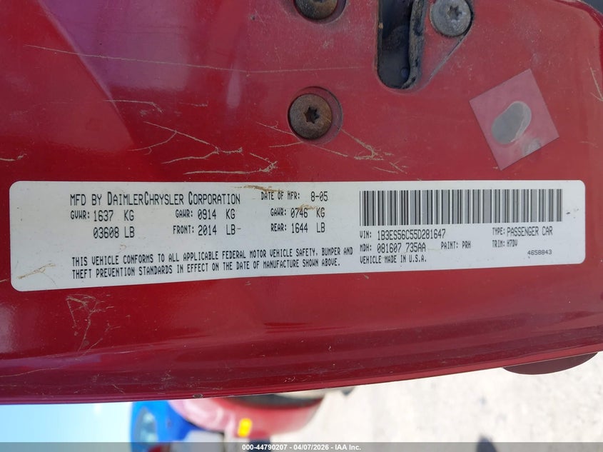 2005 Dodge Neon Sxt VIN: 1B3ES56C55D281647 Lot: 44790207