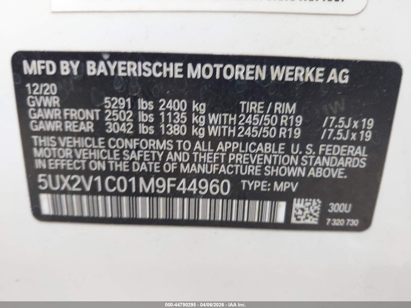 2021 BMW X4 xDrive30I VIN: 5UX2V1C01M9F44960 Lot: 44790295